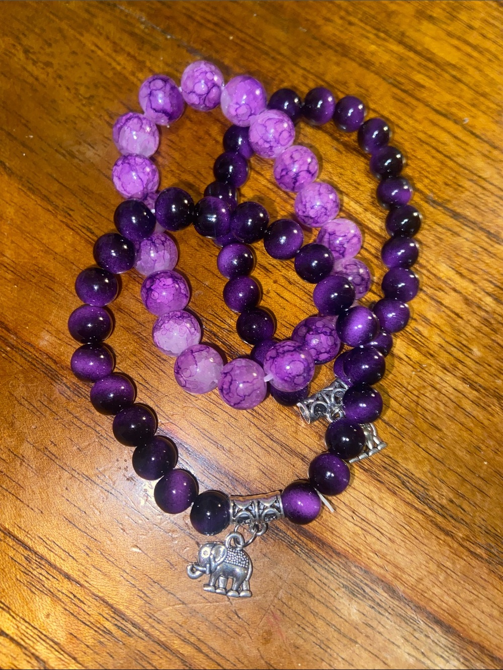 Purple Beaded Stretch Bracelet Set/3 with Elephant Charm